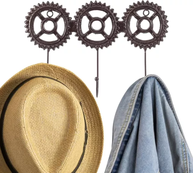Brown Metal Key Rack with 3 Hooks, Wall Coat Hook with Steampunk Gear Design