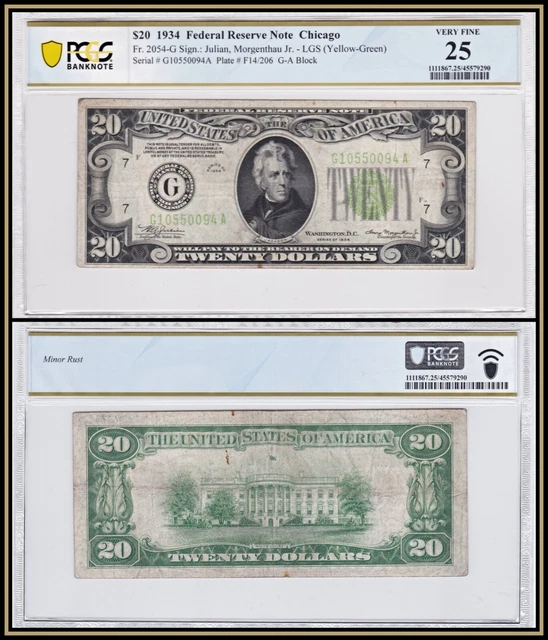 1934 Light Green Seal $20 FRN PCGS Banknote 25 Very Fine LGS Minor Rust