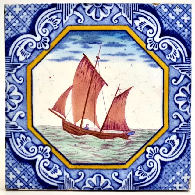 Victorian Tile Small Ship In Full Sail Dutch Border Minton Hollins & Co C1880