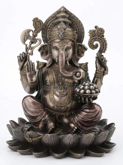 9 7/8 Inch Lord Ganesha Sitting on Lotus Hindu God Antique Bronze Finish Statue