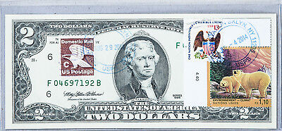 US Currency Notes Two Dollar Bill 1995 Paper Money $2 Gem Unc Stamps Polar Bears