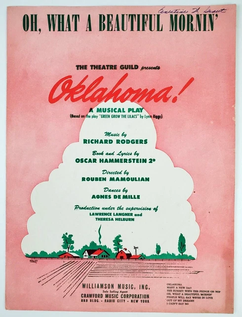 Oh What A Beautiful Mornin Oklahoma Musical Vtg Sheet Music 1943 Piano Guitar