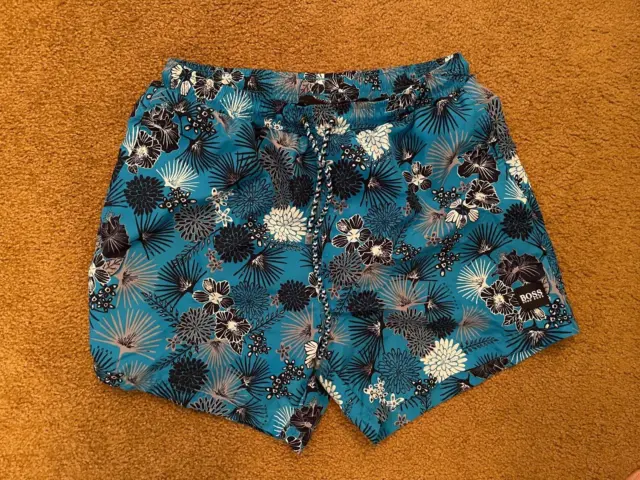 Nwot Hugo Boss Blue Floral Polyester Drawstring/Lined Swim Trunks Small