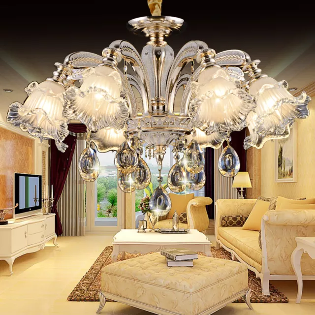 Geniune K9 Crystal Chandelier Golden 6 Metal Arms Pendant Ceiling Lamp E14 Bulbs