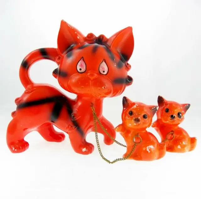 5.5" Vintage Chain Red Demon Devil Hell Cat Figurine Mother & 2 Babies Kittens