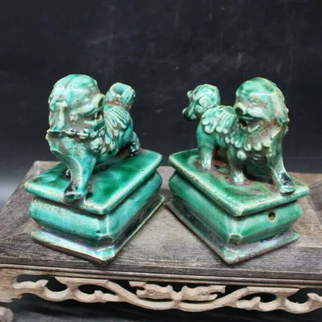 Chinese Old Marked Green Porcelain Foo Dog Glazed Palace Lion Home Statue