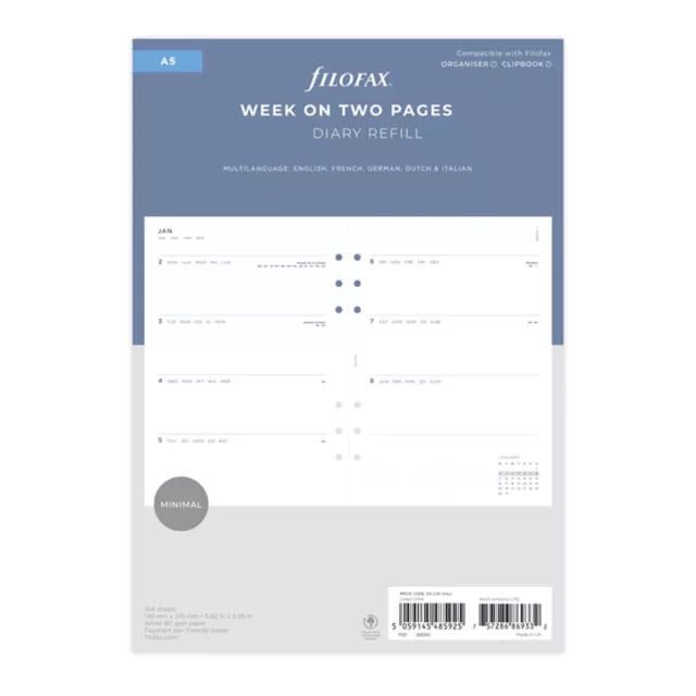 Filofax A5 Refill 2024 Minimal Week On Two Pages Diary - Multilanguage 68590