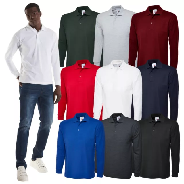 Uneek Plain Long Sleeve Polo Shirt Collared Unisex Classic Work Wear Top UC113