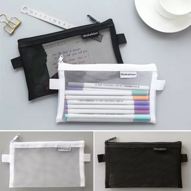 Makeup Pouch Case Clear Mesh Pencil Case Portable Large Pen Cosmetic Storage Bag
