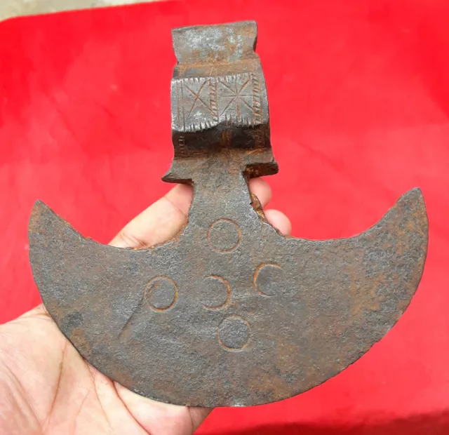 Vintage Old Rare Handmade Half Moon Shape Battle Axe Head Beautiful Carving I511