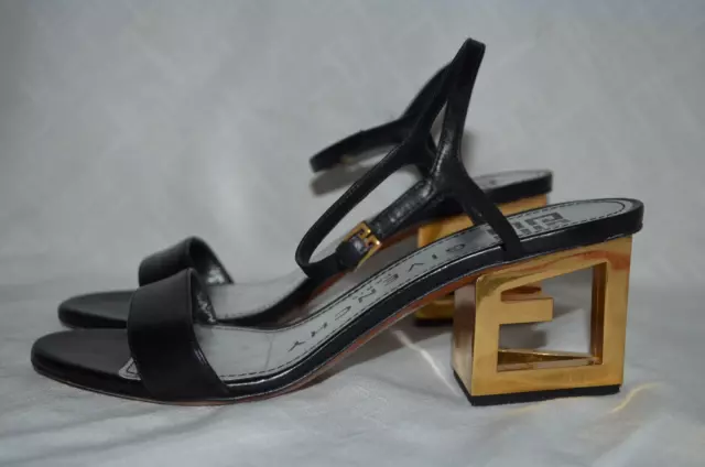 $795 Sz 37 6.5 Givenchy Black Leather Gold G Cube Ankle Strap Sandals 2.5" Heels