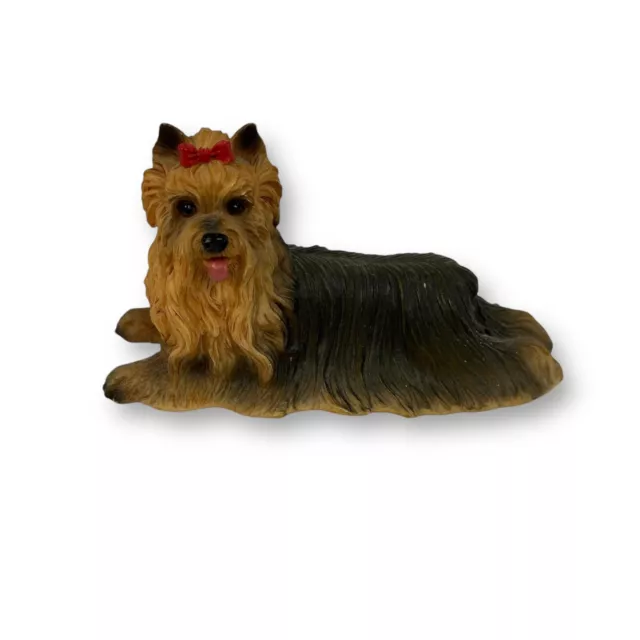 Yorkshire Terrier Pup Lying Figurine Dog Puppy 4.25” Red Bow Long Hair