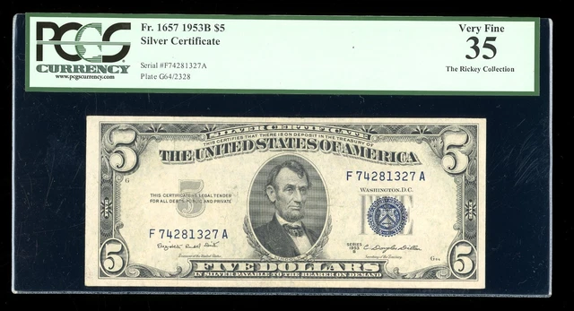DBR 1953-B $5 Silver Fr. 1657 FA Block PCGS 35 Serial F74281327A