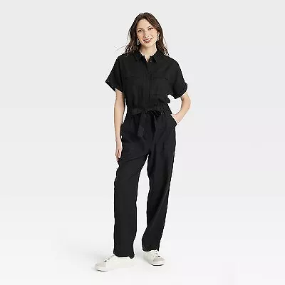 Women's Short Sleeve Linen Boilersuit - Universal Thread Black 8