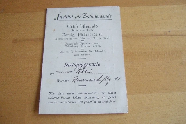Ausweis  vom = Institut für Zahnleidende , Danzig Pfefferstadt 71 , Zahnstatus
