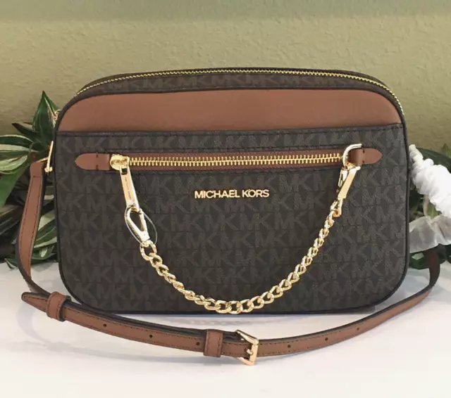 Michael Kors Jet Set Large Zip Chain Crossbody Bag Shoulder Mk Brown Signature