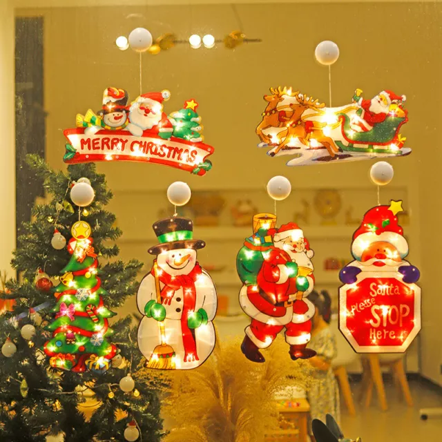 Christmas Window Hanging LED Light Xmas Ornament Suction Cup Battery Decor Lamps