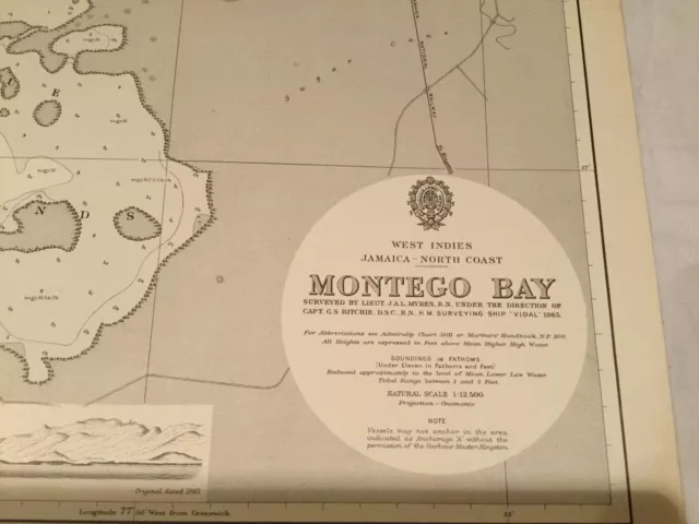 Genuine 60s Vintage Nautical Chart Montego Bay Jamaica West Indies