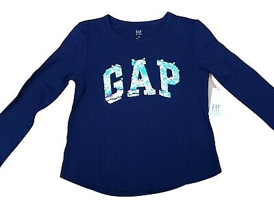 GAP Ragazze Blu Navy Argento Paillettes Manica Lunga T Shirt XS 4-5 anni Mrrp £ 16.99