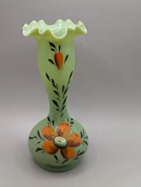Antique Victorian Green Bristol Blown Glass Vase Hand Painted
