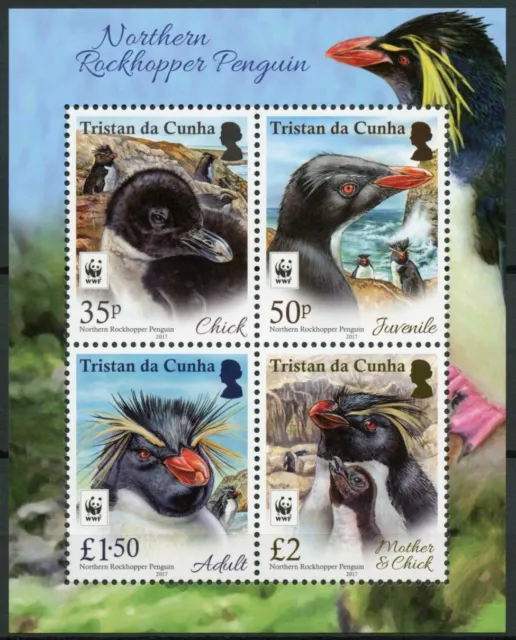 Estampillas de pájaros Tristan da Cunha 2017 montadas sin montar o nunca montada pingüinos pingüinos WWF 4v M/S