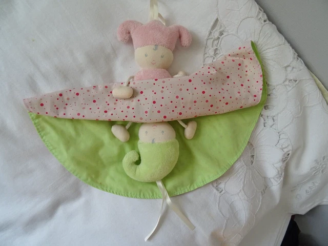 Doudou Lutin Hochet Reversible Corolle 2003  28 Cm  Jupe Tissu Rose Et Vert Anis