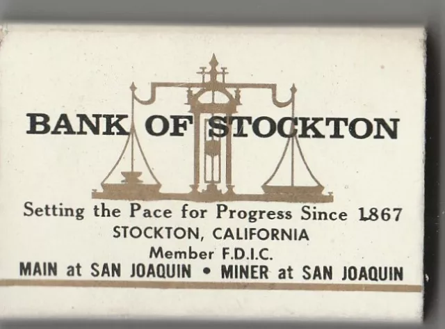 Vtg Strike on Match Box with local ad & sticks ~ Bank of Stockton ~ (wh)