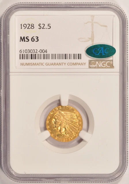 1928 $2.50 Indian Gold Quarter-Eagle Coin NGC MS63 CAC Approved Pre-1933 Gold