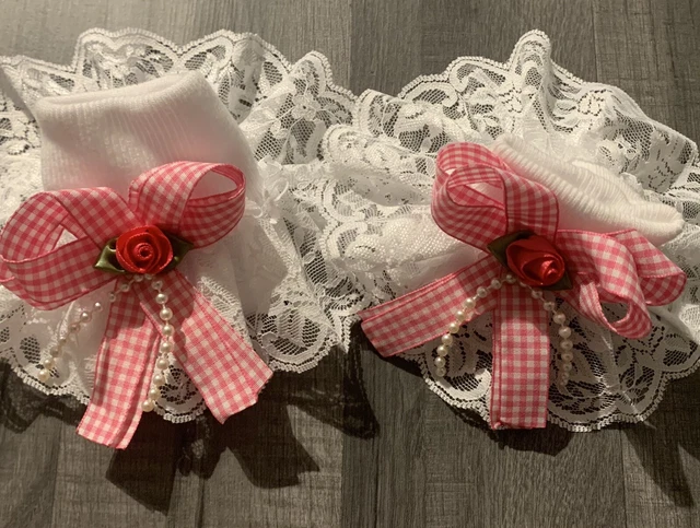 Calze scuola romane/spagnole frilly taglia 6-8,5 rosa e bianco fiocco a quadretti
