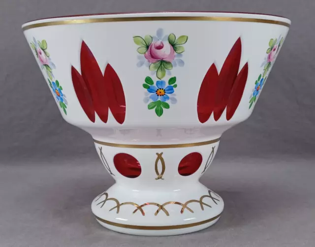 Mid 20th Century Czech Bohemian White Cased Cranberry Enamel Floral & Gold Bowl