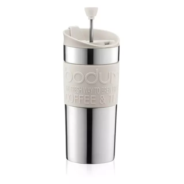 BODUM Travel Press Mug Coffee Maker W/Extra Lid Vacuum SS 350ml White RRP$54.95 2