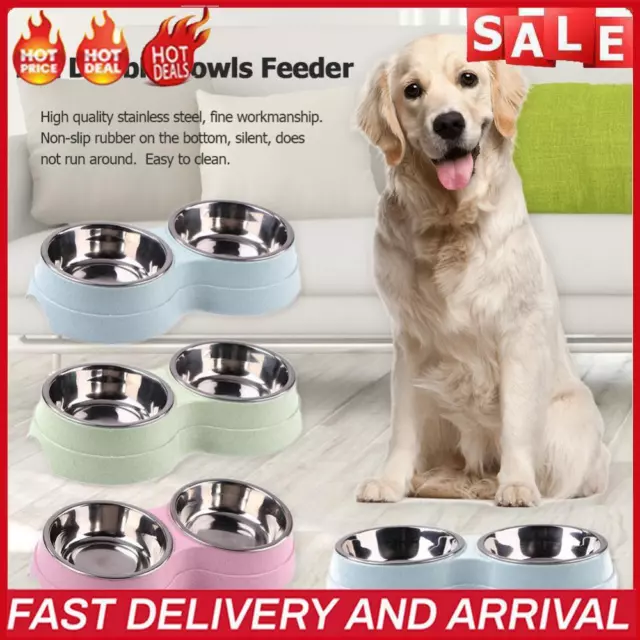 Dog Double Bowl Stainless Steel Wheat Straw Puppy Food Feeder Water Dish Bowls