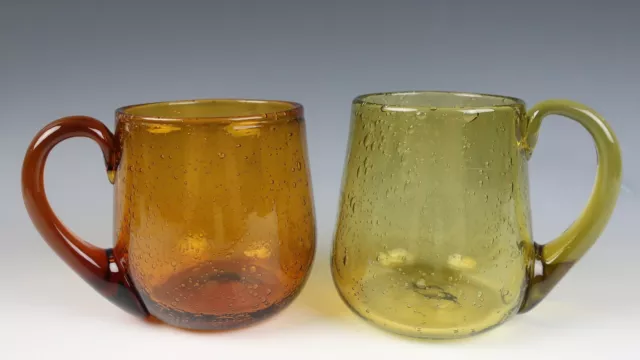 2 Vintage Biot French Glass Large Beer Mug France Blown Bubble Tankard Amber