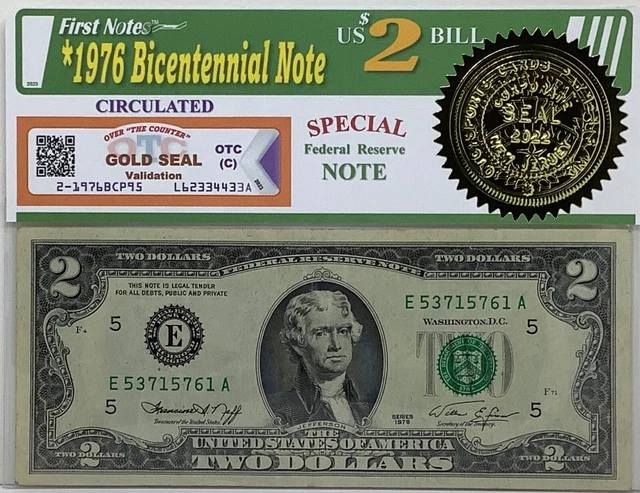 $2 Dollar Bill 1976 US Series Bicentennial Federal Reserve Notes Circulated