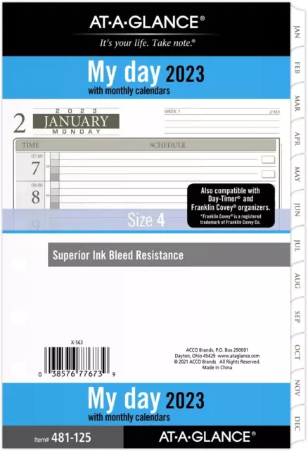 AT-A-GLANCE 2023 Daily Planner Refill, Hourly, 12010 Day-Timer, 5-1/2" X 8-1/2", 2
