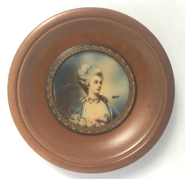 Tableau Miniature Portrait Elegante Signe Cadre Bois Oil Painting