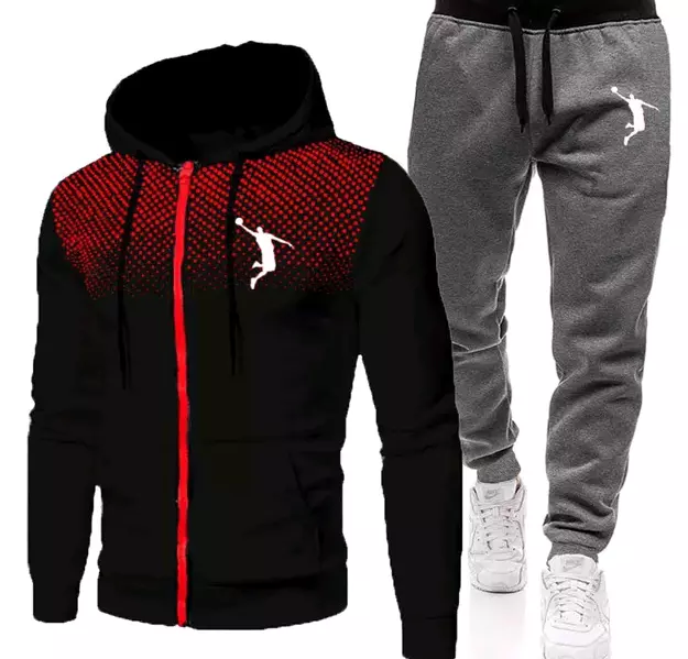Tuta Completa 2 Pezzi Felpa Pantalone Sportiva Fitness Con Cappuccio Zip Basket