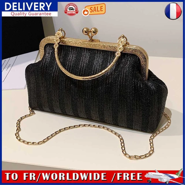 Women Female Clutch Simple Straw Satchel Bags for Travel Vacation (Black)