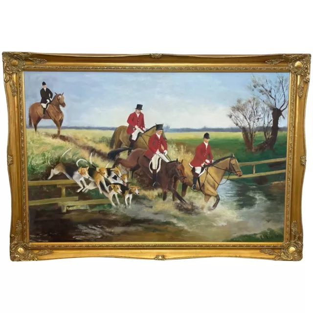 Sporting Oil Painting Hunting "Jumping Fence" Horses Scent Hounds & Riders