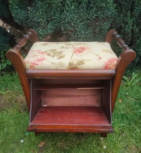 Antique inlaid piano stool with storage and removable fabric seat