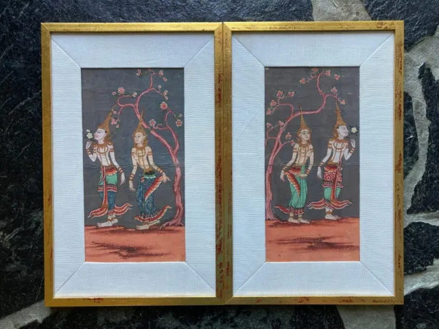 Nice pair of 19th c. Thai manuscript paintings, framed