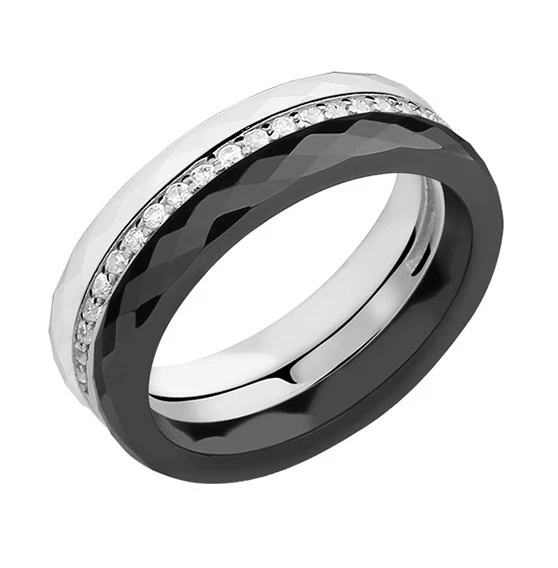 Bague 2 Anneaux Céramique Noire/blanche Et Argent Rhodié - Zirconium - Taille 52 - Neuf Avec étiquettes
