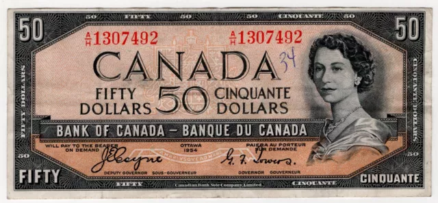 1954 Bank Of Canada Fifty 50 Dollar Devil's Face Bank Note Ah 1307492 Nice Bill