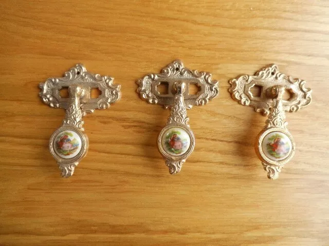 3 x Ornate Brass & Ceramic Vintage Cabinet / Drawer Door Drop Pull Handles