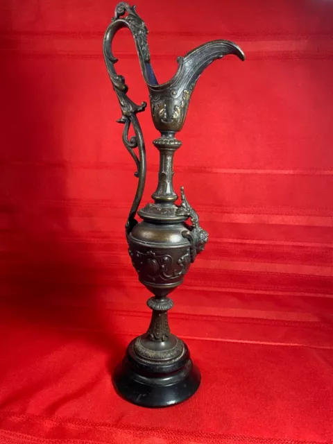 Antique Brass Pitcher Urn Ornate Rare 16.5" Tall Detailed Faces Black Wood Base