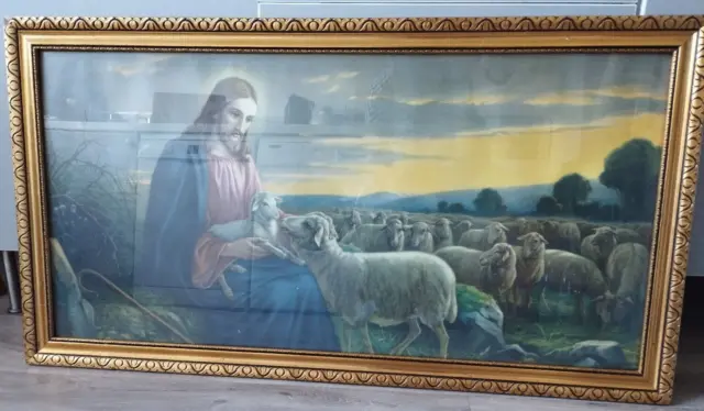 Jesus mit Lamm Goldrahmen Schafherde Schäfer Christus Hirte sehr alt Ostern