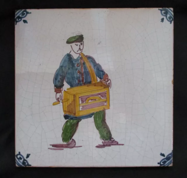 Antique Ceramic Delft Dutch Polychrome Tile Organ Grinder