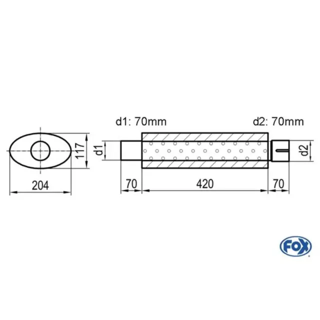 Uni-Schalldämpfer oval Edelstahl 70mm 204x117x420 mit Stutzen FOX UNI-52542070s