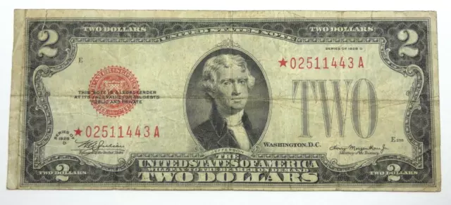 BARGAIN Series 1928-D*STAR Red Seal $2 Legal Tender US Note FINE Fr#1505*
