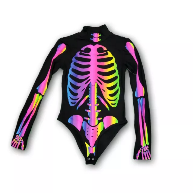 Chemistry Halloween Rainbow Skeleton Women's Black Long Sleeve Button Body Suit